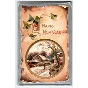 Happy New Year Postcard Embossed Country Cottage Winter Scene Davidson Germany